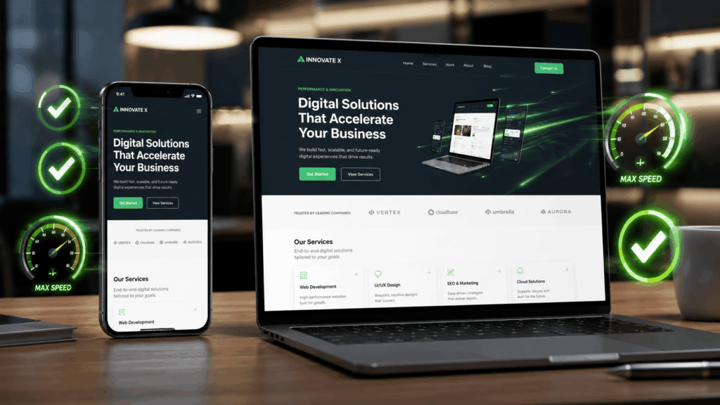 Panel de métricas mostrando el éxito de un rediseño web corporativo ágil.