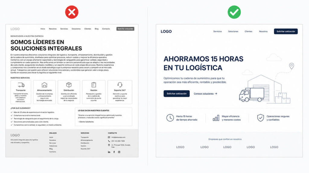 Comparativa de interfaz de usuario mostrando un texto genérico frente a una propuesta de valor orientada a conversión, diseñada por la agencia de diseño web Agencia Gracia.