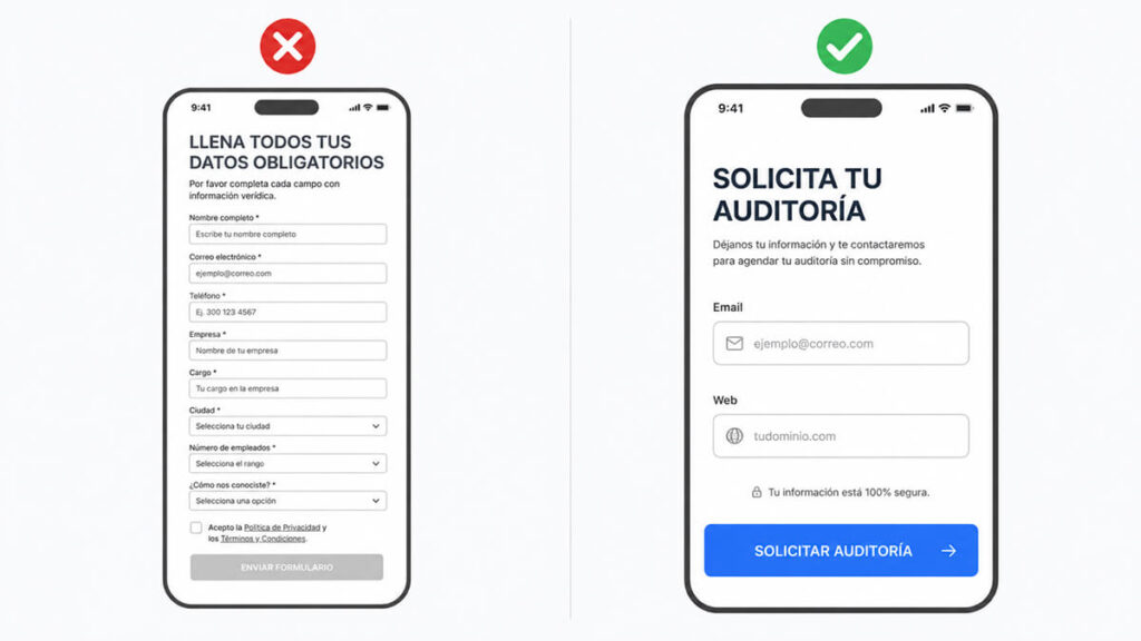 Ejemplo de reducción de fricción visual en formularios móviles para captación de clientes corporativos, implementado bajo la metodología UX de Agencia Gracia.