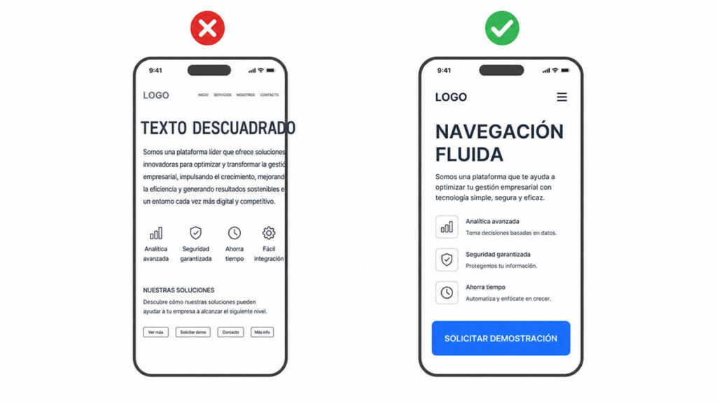 Demostración de los errores comunes en móviles frente a un diseño web estratégico y responsive perfectamente estructurado por Agencia Gracia.