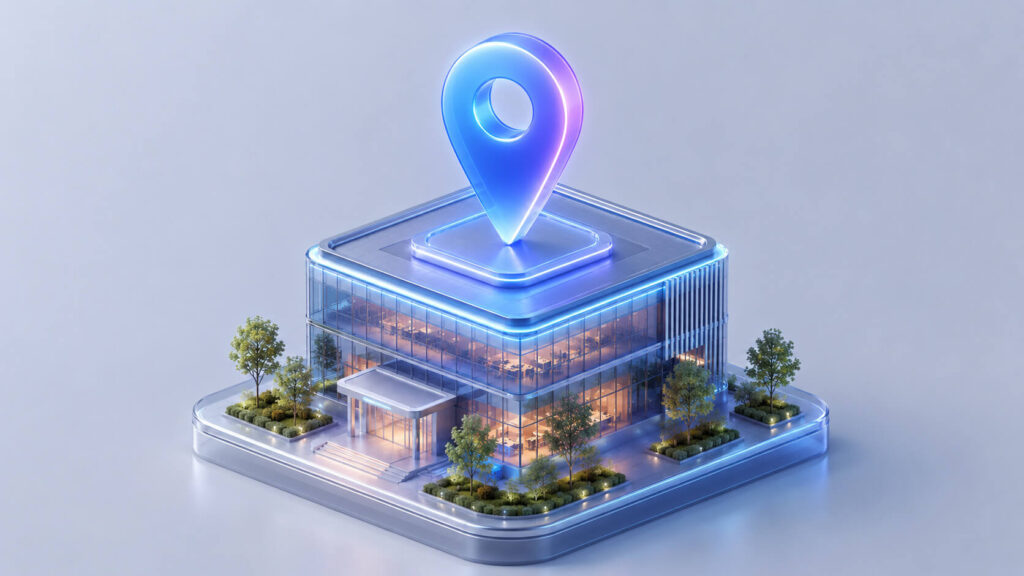 Pin de ubicación brillando sobre una sede corporativa, ilustrando la importancia de optimizar el SEO Local en tu ecosistema digital. (Aquí lo omitimos para mantener la naturalidad y balancear).