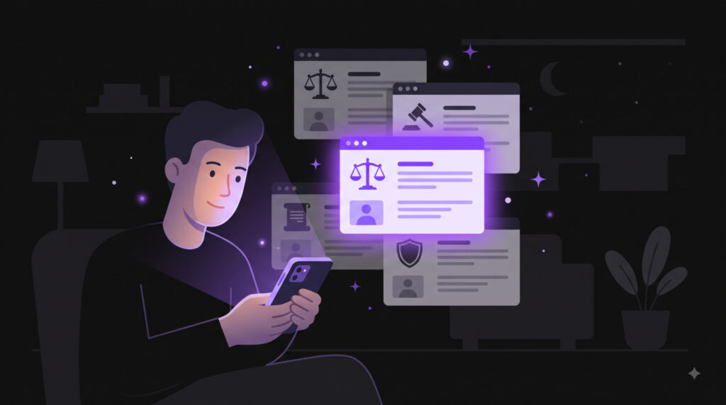 Un cliente comparando webs de abogados en el celular antes de elegir a quién contactar