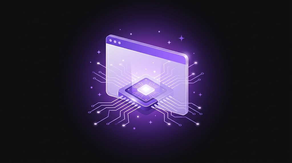 Pantalla de navegador conectada a un chip con circuitos, representando una web hecha con inteligencia artificial